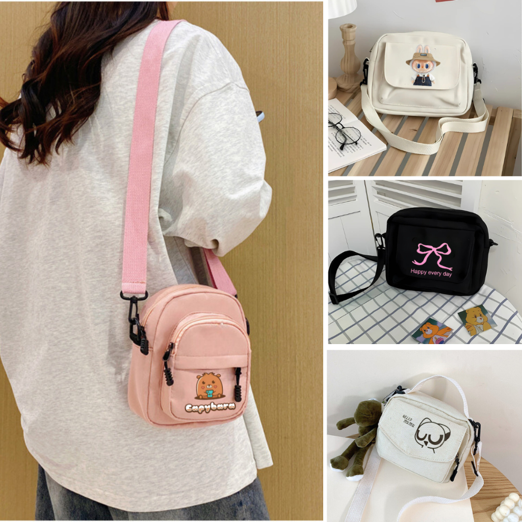 Túi tote vải mini đeo chéo nam nữ hoạ tiết Capybara Labubu vải canvas mềm đẹp giá rẻ đi chơi đựng vừa điện thoại