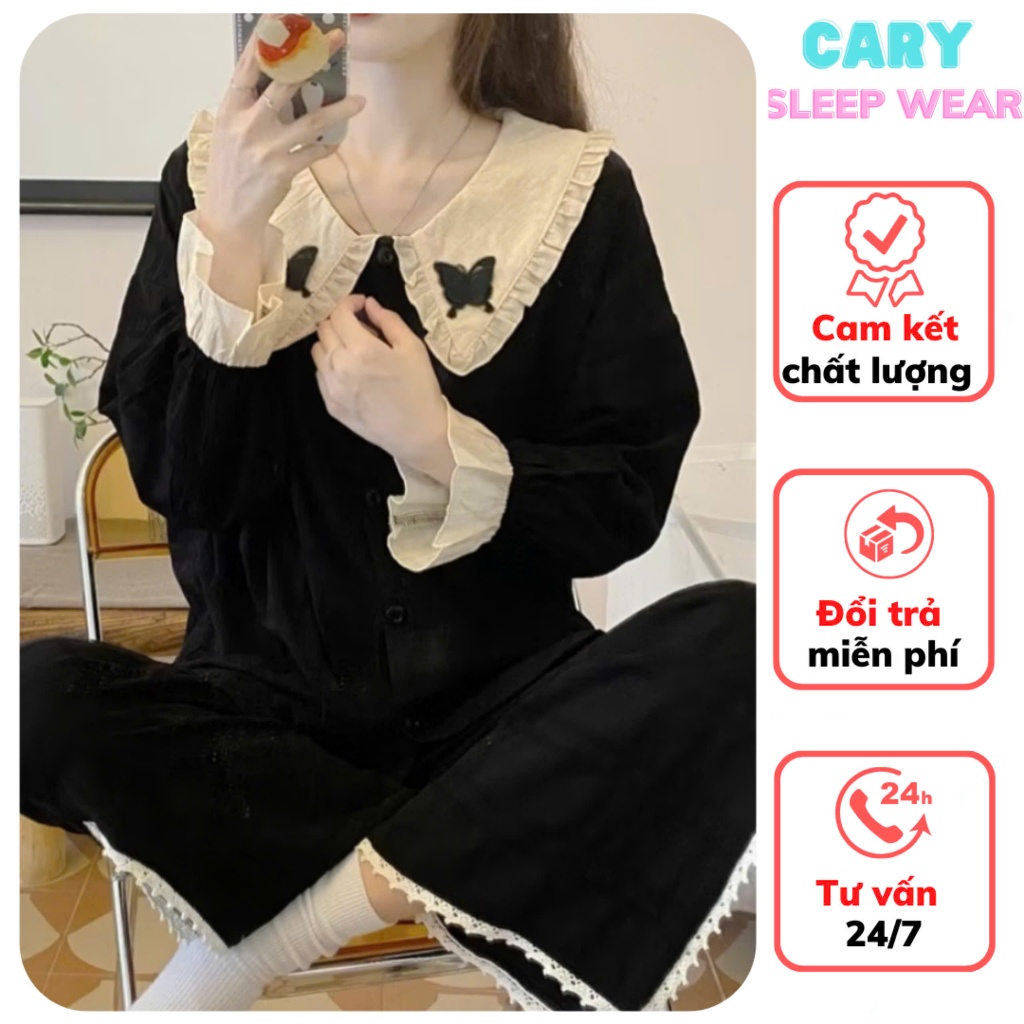  Đồ ngủ nữ pijama mặc nhà cao cấp áo dài quần dài chất vải đũi gân mềm mại kiểu tiểu thư cổ bèo đính hình bướm CARY 