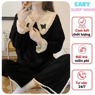 Đồ ngủ nữ pijama mặc nhà cao cấp áo dài quần dài chất vải đũi gân mềm mại kiểu tiểu thư cổ bèo đính hình bướm CARY