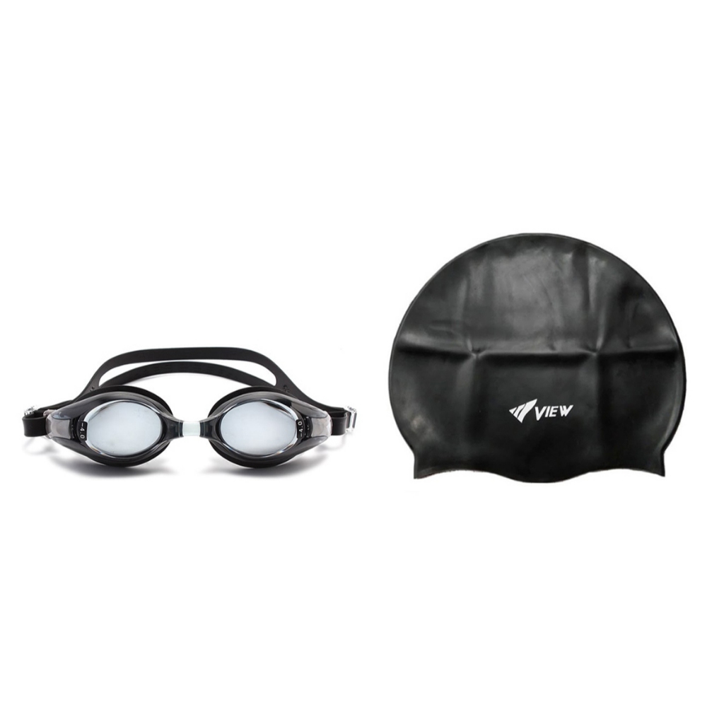 Bộ Kính Bơi Cận VIEW V510 (Đen) Và Nón Bơi View V31 (Đen) - Hàng chính hãng