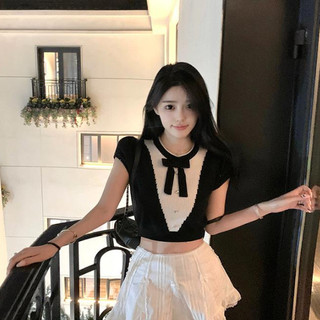 Áo Thun Dệt Kim Dáng Ôm Croptop Phối Nơ Cổ Tròn Tay Ngắn NgocDiepVuSTORE