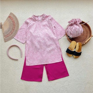Set áo dài đôi mẹ bé, Áo dài Đào Nhi vải lụa họa tiết hoa văn nổi LIULO