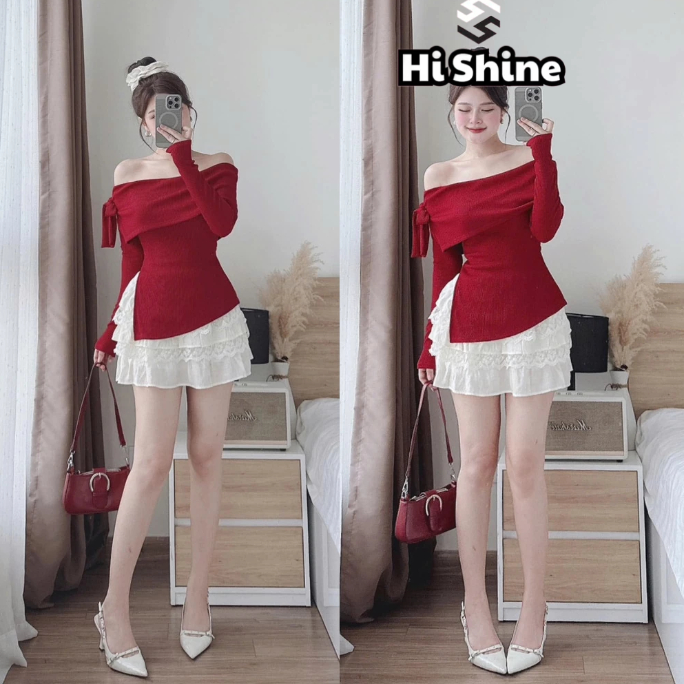 Áo Trễ Vai Tiểu Thư Len Gân Buộc Nơ Xẻ Tà, Áo Thun Nữ Trễ Vai Siêu Co Giãn Sexy Phong Cách Quyến Rũ - HiShine