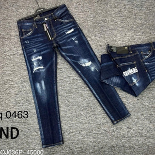 Quần jean bò nam slimfit DSQ xanh mài bạc cào rách xước nót vải tu sợi thêu khoá zip lệch phối túi sau in logo chữ chéo