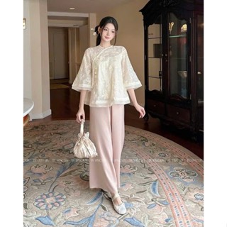 SET ÁO BABY DOLL KEM HOA NỔI TAY LỠ THẮT NƠ PHỐI VIỀN VOAN TƠ + QUẦN SUÔNG DÀI CAM SỮA (TH)