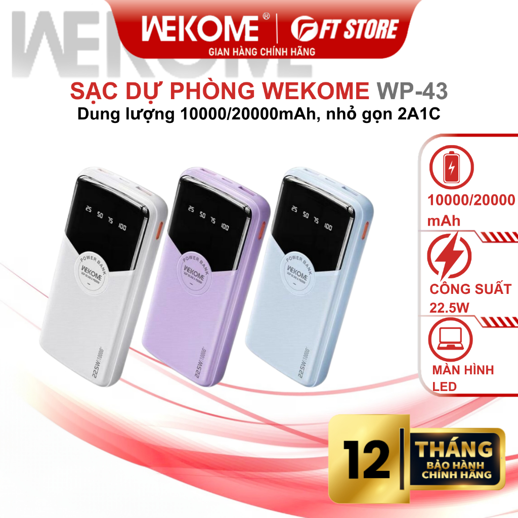 Sạc dự phòng WEKOME WP-43 10000mAh/20000mAh 2 usb A, 1 usb C nhiều màu sắc, sạc nhanh