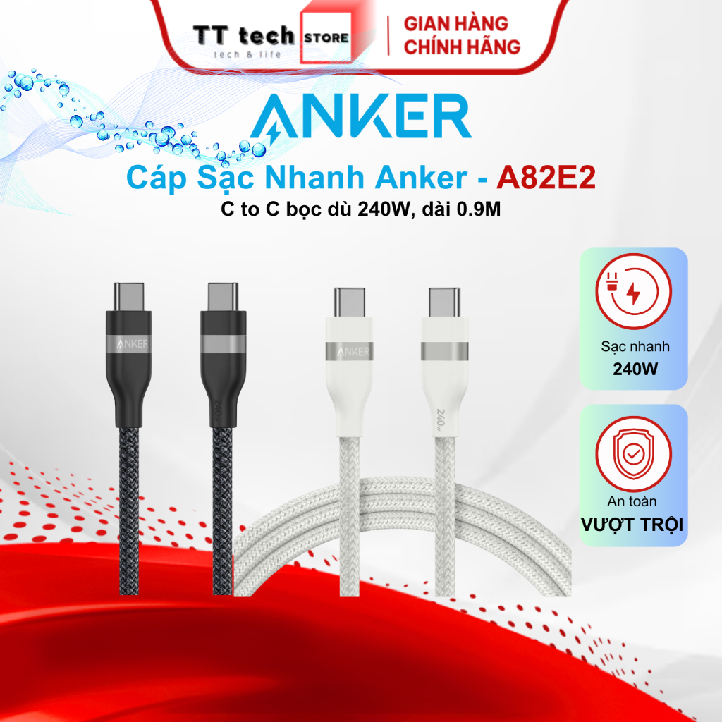 Cáp sạc nhanh Anker 240W Type C to C A82E2 bện dù chắc chắn, nhiều màu sắc- mới 2024