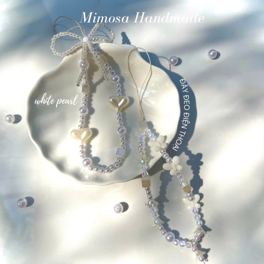 Dây đeo điện thoại/ máy ảnh/túi {White pearl} bằng hạt siêu dễ thương 100% thủ công_Mimosa Handmade