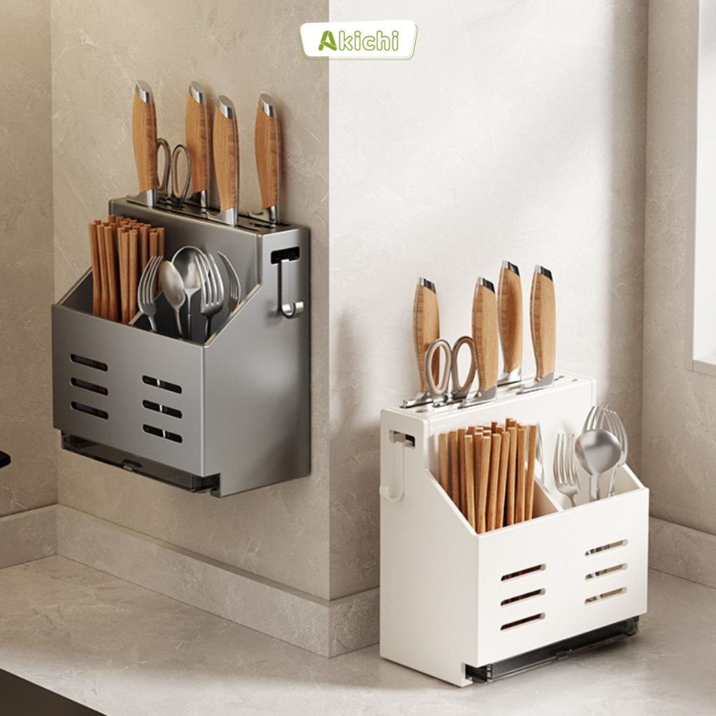 Kệ để dao, đũa, thìa AKICHI, có khay hứng nước, để bàn hoặc treo tường bằng keo, chất liệu Inox 201