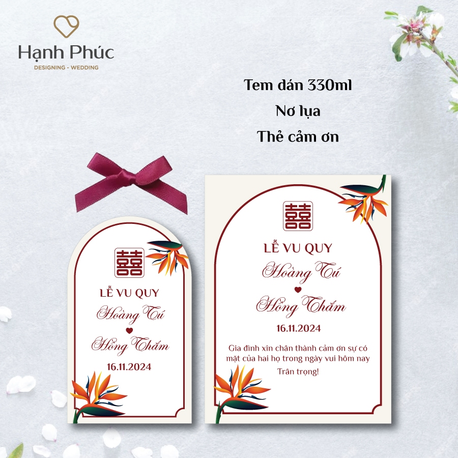 Tem dán (cho chai 330ml) + Nơ lụa + Thẻ cảm ơn