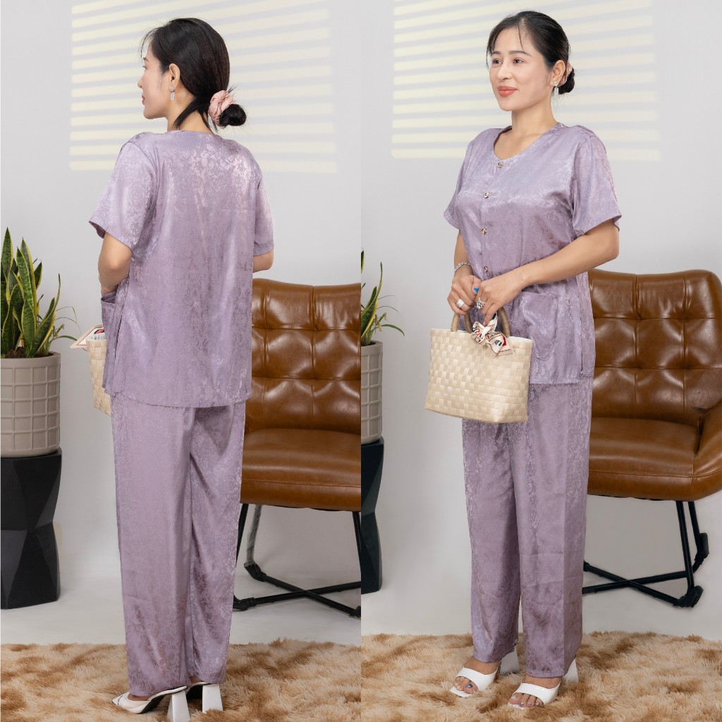 Đồ Bộ Trung Niên Mặc Nhà Cho Mẹ, Chất liệu vải Gấm Việt,Bộ Tay Ngắn Quần Dài Lụa Thoáng Mát