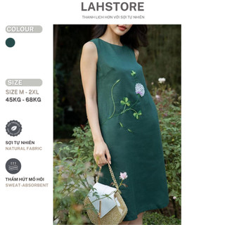 Đầm suông linen tưng LAHSTORE cổ tròn sát nách thêu hoa DS10 (Xanh Lá Sẫm)