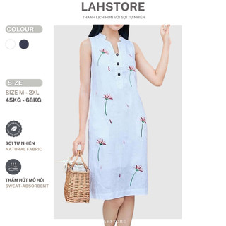 Đầm suông linen tưng LAHSTORE sát nách cổ tàu, thêu hoa DS06 (Trắng)