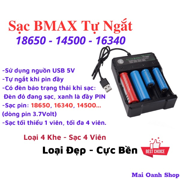 Sạc Pin 18650 Bmax Đầu USB 4 Viên