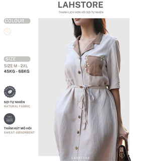 Đầm suông linen xước LAHSTORE cổ sơ mi, tay lửng, túi ngực thêu hoa DS18 (Be)