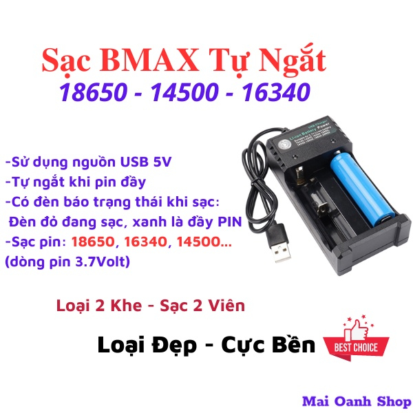 Sạc Pin 18650 Bmax Đầu USB - Sạc 2 Pin (2 Khe)