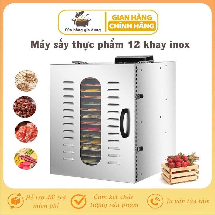 Máy sấy thực phẩm 12 khay lớn, máy sấy hoa quả trái cây, sấy thịt cá chính hãng Dehydrator [BH 12 Tháng]