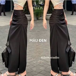 Chân váy lụa dài RIBON xẻ tà cạp trễ một lớp Hàn Quốc khóa hông dáng dài sang trọng đi tiệc