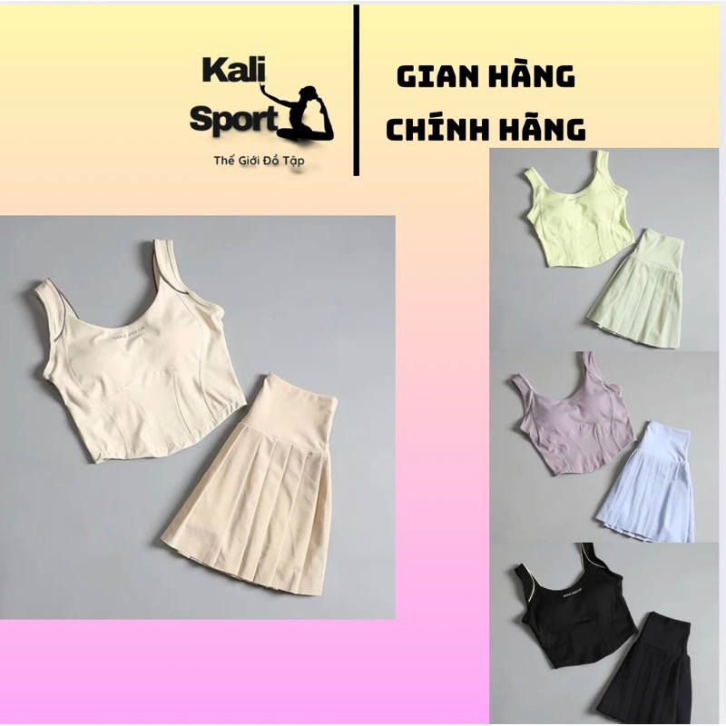 [ORDER] KALI SPORT Set Đồ Tập Thể Thao Pickleball Tenis Cầu Lông Nữ Áo Hai Dây Có Chiết Eo Chân Váy 