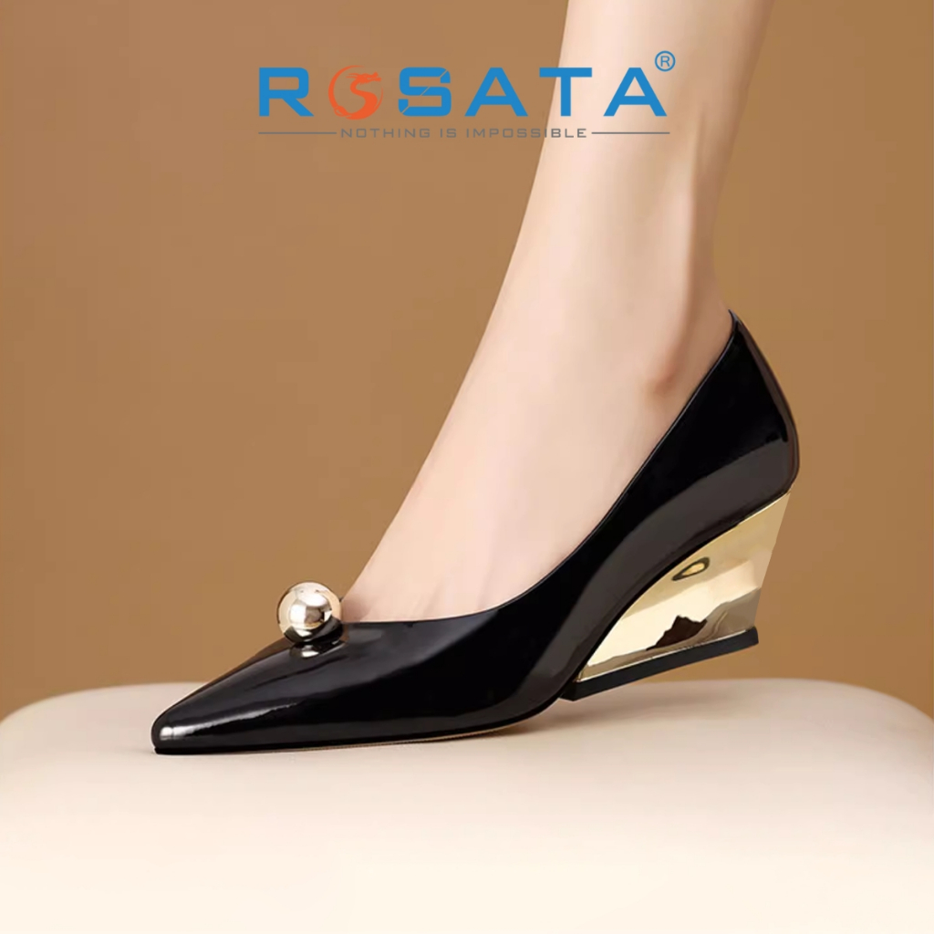 Giày đế xuồng 6 phân ROSATA RO689 bít mũi nhọn da bóng đính hạt