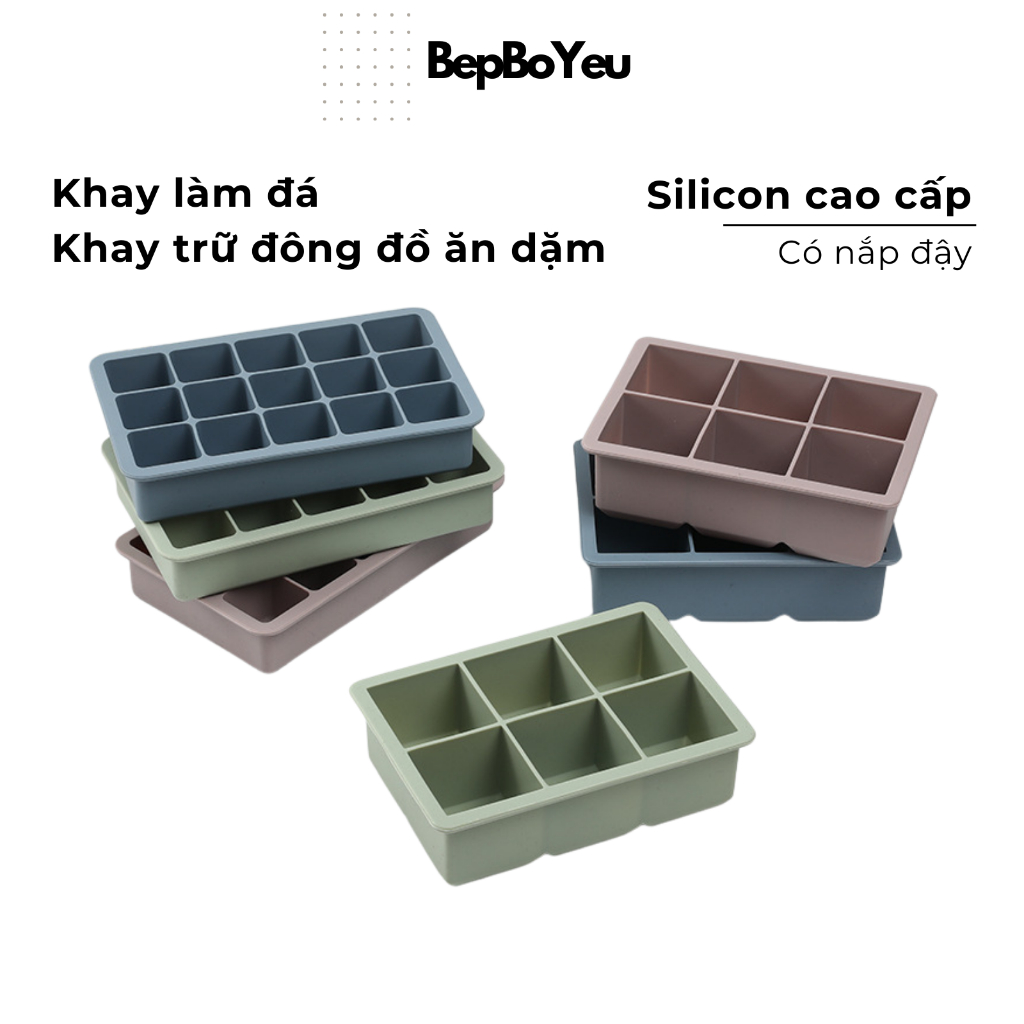 Khay làm đá silicon CAO CẤP, KHAY TRỮ ĐÔNG ĐỒ ĂN DẶM có nắp đậy, hàng loại 1, không chứa BPA, BPS