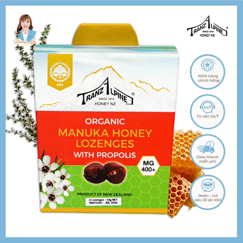Kẹo ngậm giảm ho, đau họng MG400+ New Zealand TranzAlpine Organic Manuka Honey Lozenges With Propoli