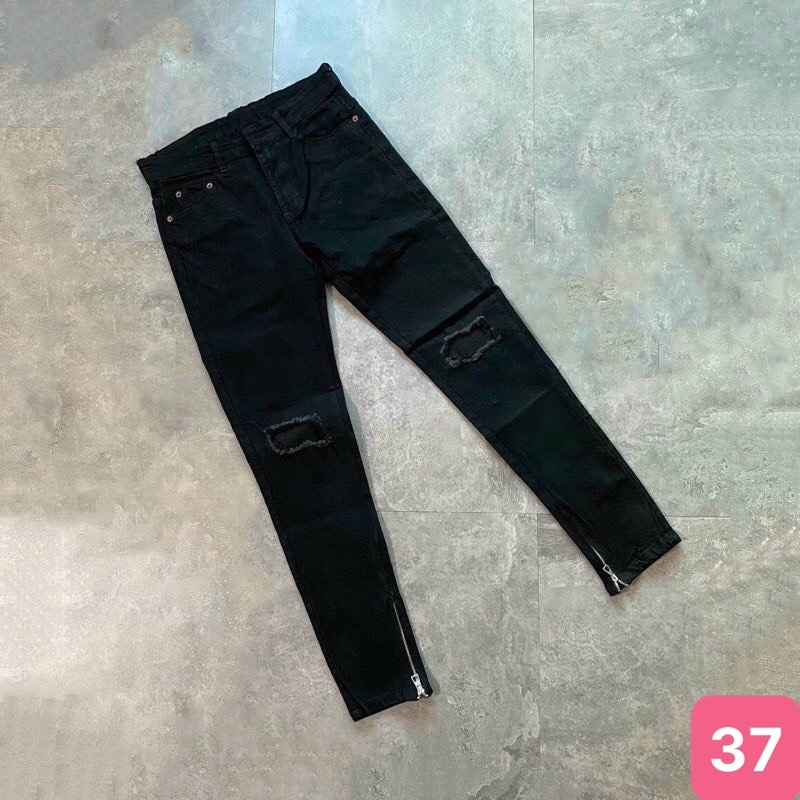Quần jean nam boy phố rách gối khóa gấu màu đen trơn chất liệu bò cao cấp co dãn 4 chiều form skinny Havado 319 mới
