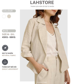  Set áo blazer nữ LAHSTORE vải linen 1 lớp tay lỡ không cúc cổ ve vuông  Be Trắng  