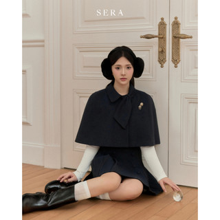  SERA - Set áo choàng cổ cách điệu và chân váy xếp ly dạ xanh than Alita 