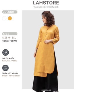  Áo dài cách tân nữ tay lỡ 3 tà vải linen LAHSTORE cúc xéo thêu hoa AD03  Vàng  