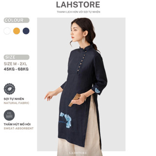  Áo dài cách tân nữ 2 tà tay lỡ LAHSTORE vải linen thô cao cấp cúc lệch thêu hoa  Xanh Đen  