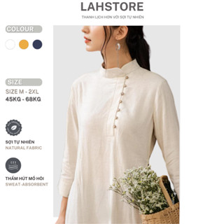  Áo dài cách tân nữ 2 tà tay lỡ LAHSTORE vải linen thô cao cấp cúc lệch thêu hoa  Trắng  