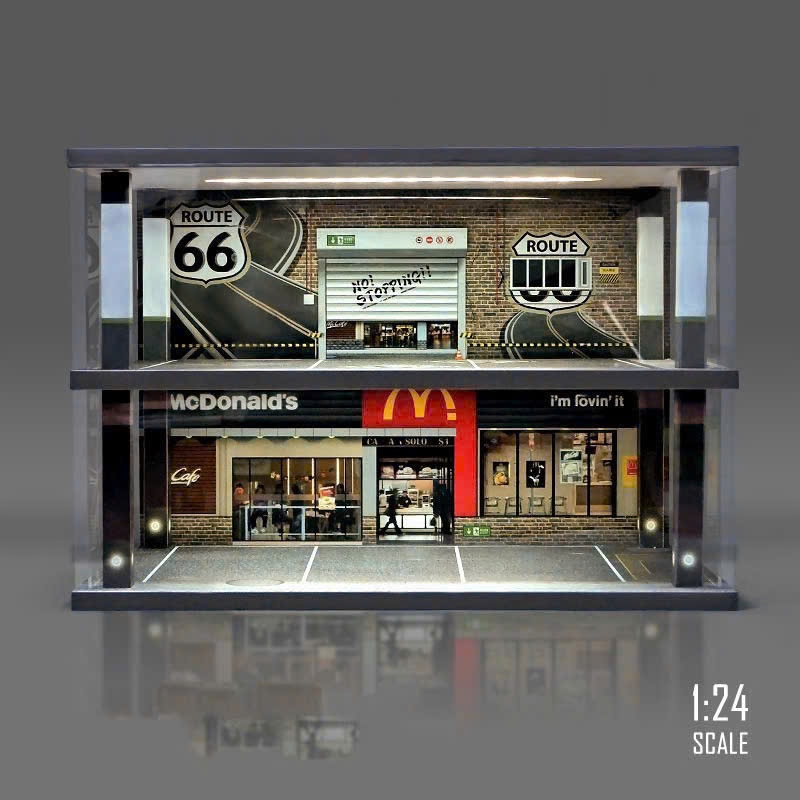 Mô hình lắp ráp bãi đậu xe 2 tầng (6 slot) bằng gỗ tỷ lệ 1/24 có Mica chống bụi và đèn Led chiếu sán