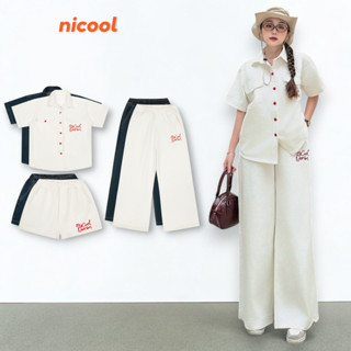 Set Jean Unisex Nam Nữ NICOOL Thêu Chữ Nổi, Set Áo Sơ Mi, Quần Short, Quần Dài Cạp Chun N41-P1