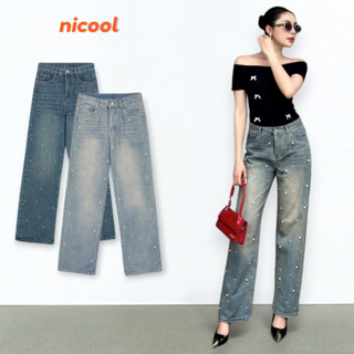 Quần jeans nữ ống suông đính hạt cườm thời trang, quần bò NICOOL cạp cao tôn dáng N41-Q50
