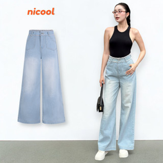 Quần jeans nữ suông dài ống loe rộng màu xanh nhạt wash lưng tua rua thời trang NICOOL N41-Q53