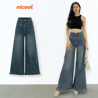 Quần jeans nữ suông ống loe rộng lai tua rua thời trang, quần bò NICOOL lưng cao tôn dáng N41-Q34