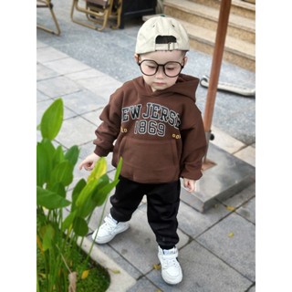 Bô thu đông dài tay cho bé trai, bộ nỉ  áo hoodie chất nỉ bông màu nâu  quần nỉ bo gấu cực sang cho bé từ 9 đến 25kg