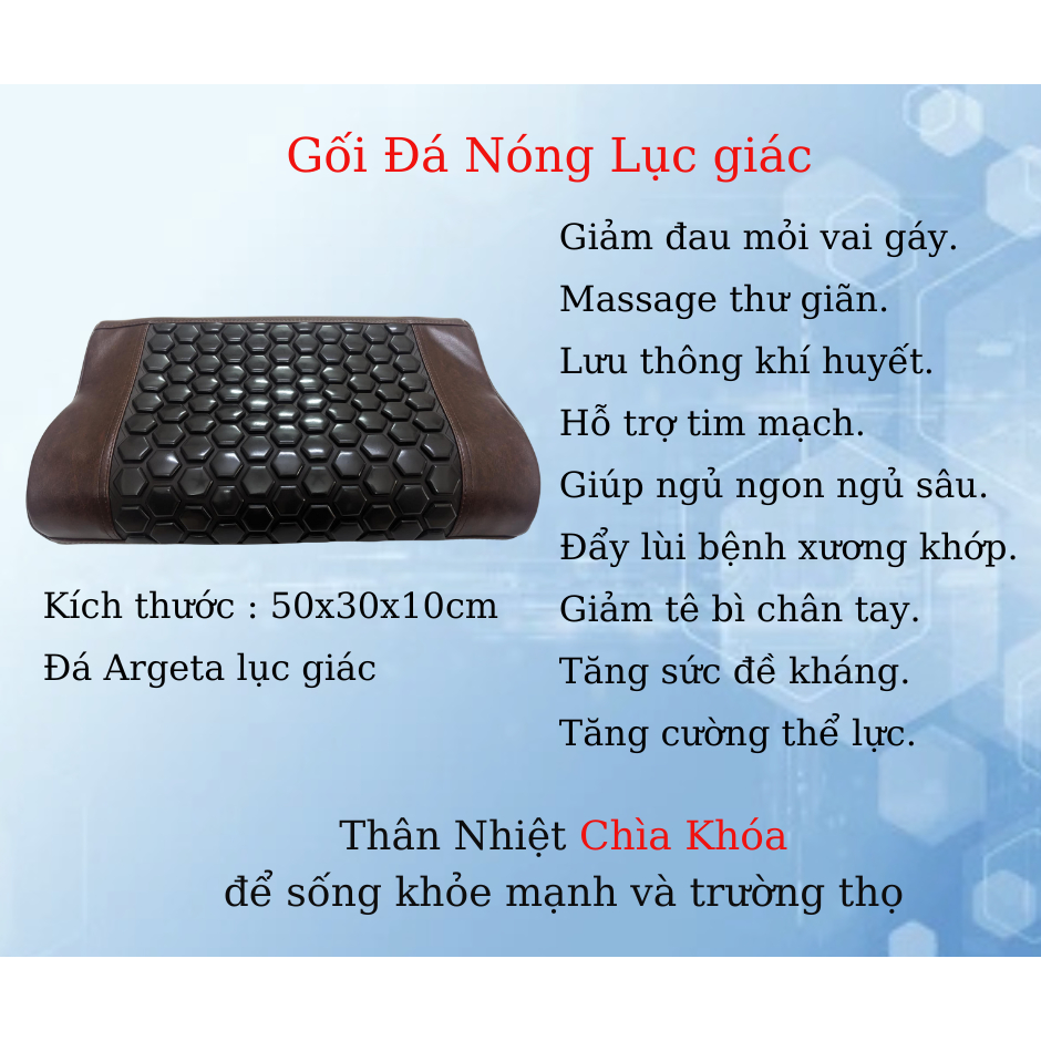 Gối đá nóng Argeta 50x30x10cm hết đau mỏi vai gáy,lưu thông máu,ngủ ngon