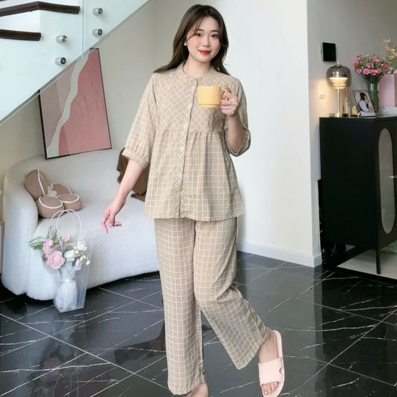  Bộ Đồ Bầu Và Sau Sinh Larosa Tay Lửng Chất Caro Thêu Mềm Mịn Thấm Hút Mồ Hôi Cổ Tàu Xinh Xắn LA023B 