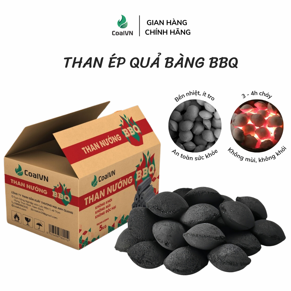 Than Ép Quả Bàng BBQ, Than Nướng Sạch Không Khói, Không Mùi, Bền Nhiệt Ít Tro + KÈM THAN MỒI COALVN