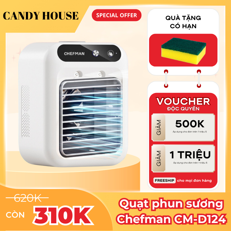 Quạt điều hòa phun sương mini Chefman CM-D124 dung tích 500ml 2 tốc độ gió 3 chế độ phun sương, cổng USB tiện lợi