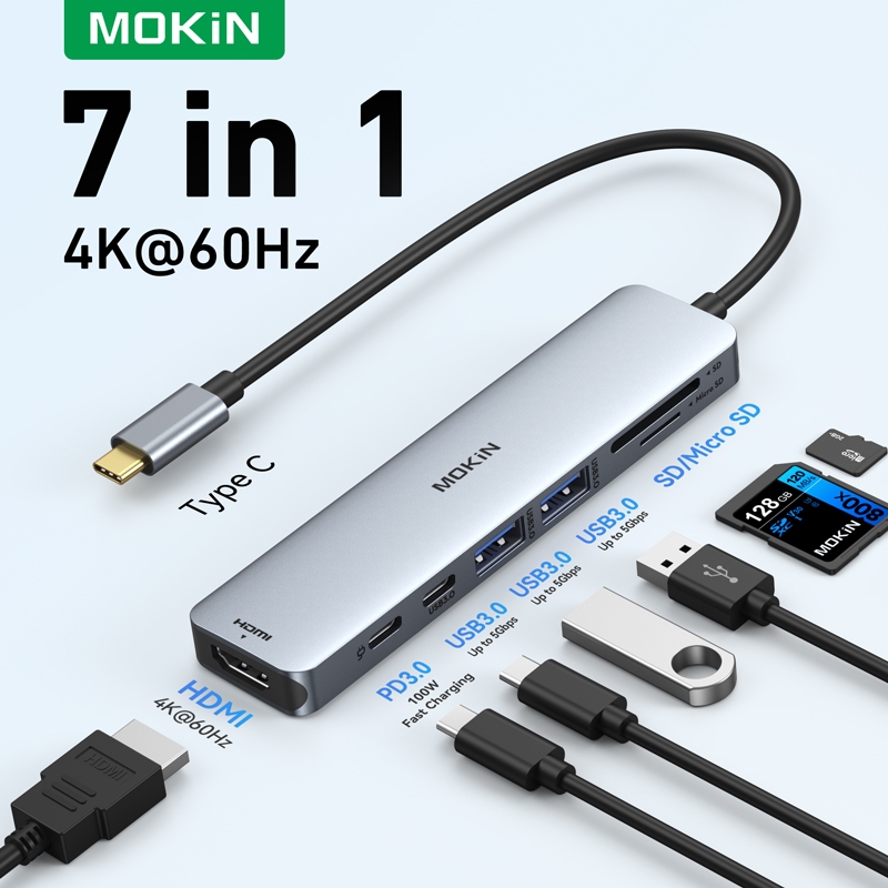 bộ chia Hub USB 3.0 7 trong 1 4K 60Hz Hub Type C đầu đọc thẻ nhớ SD usb mở rộng kết nối Laptop táo