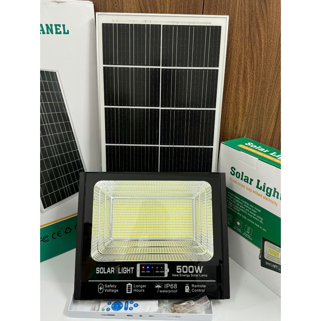 Đèn Pha Năng Lượng Mặt Trời 500w, Vỏ Nhôm,  báo pin,  chống nước IP68, bảo hành 2 năm
