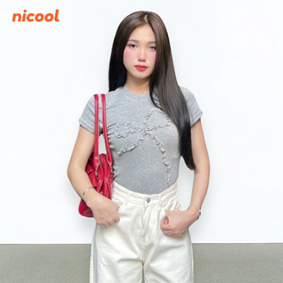 Áo Thun Tay Ngắn Nữ Form Ôm Nơ Trắng Xám Freesize Nicool N22-T18