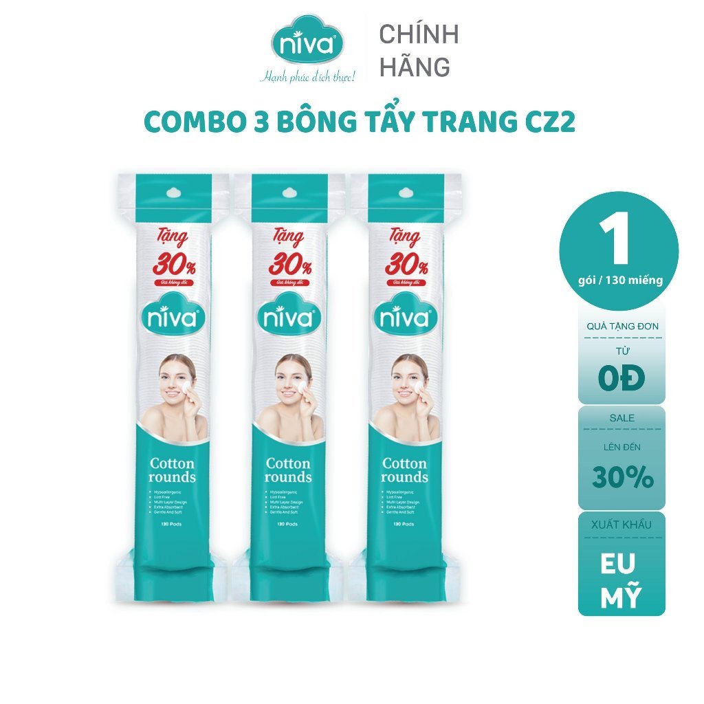 [Combo 3] Bông Tẩy Trang Tròn NIVA Cao Cấp Cz2 Gói 130c Bông Mềm Mại An Toàn Cho Da Nhạy Cảm