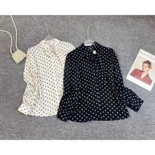 Áo sơ mi chấm bi cổ tàu nơ lệch tặng kèm khoen đá mã 4243