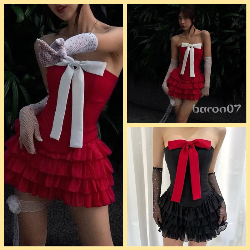 [P99][Hoả tốc] Set áo ống croptop phối nơ mix chân váy ngắn xếp ly tầng