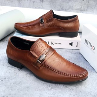 Giày nam da bò HT.NeO , Giày tây lười công sở mũi nhọn đế cao 3cm quai da vắt ngang dập vân lượn sóng sang trọng GN1970
