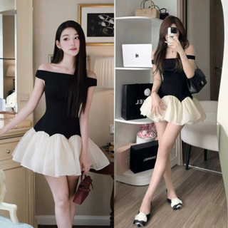 Đầm Váy Trễ Vai Màu Đen Phối Tà Xoè Tơ Voan Siêu Phồng Xinh Xắn